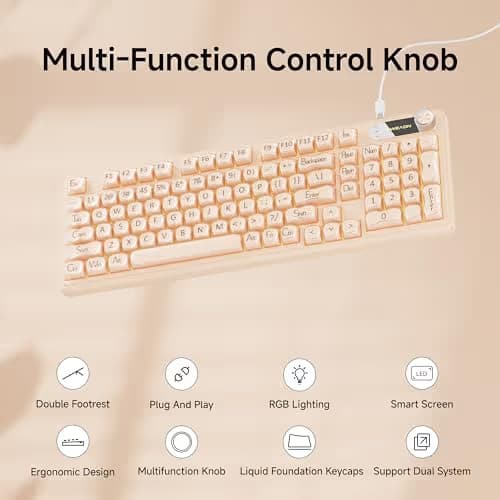 EWEADN V102 Wired Keyboard, 98 Keys Creamy Gaming Keyboard with Number Pad, Display Screen & Media Knob RGB Silent Wired Cute Computer Keyboard for Laptop PC Gamer - Cream Pink image