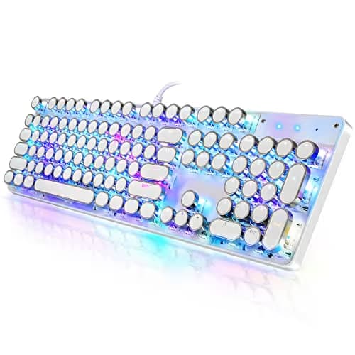 YSCP Typewriter Style Mechanical Gaming Keyboard RGB Backlit Wired with Blue Switch Retro Round Keycap 104 Keys Keyboard (R-White) image
