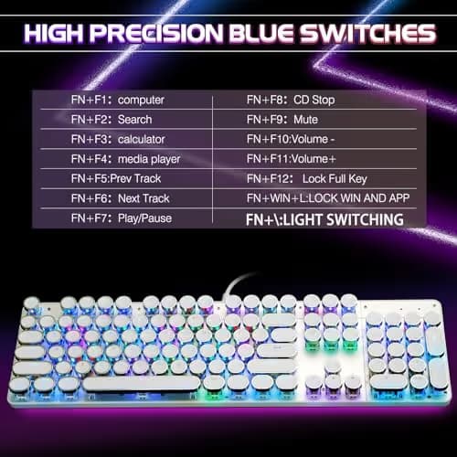YSCP Typewriter Style Mechanical Gaming Keyboard RGB Backlit Wired with Blue Switch Retro Round Keycap 104 Keys Keyboard (R-White) image