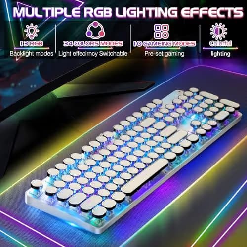 YSCP Typewriter Style Mechanical Gaming Keyboard RGB Backlit Wired with Blue Switch Retro Round Keycap 104 Keys Keyboard (R-White) image