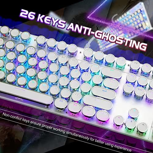 YSCP Typewriter Style Mechanical Gaming Keyboard RGB Backlit Wired with Blue Switch Retro Round Keycap 104 Keys Keyboard (R-White) image