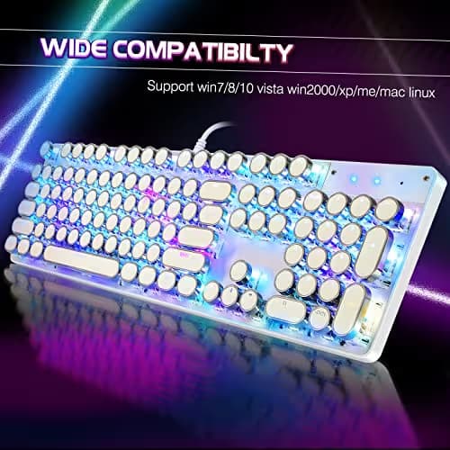 YSCP Typewriter Style Mechanical Gaming Keyboard RGB Backlit Wired with Blue Switch Retro Round Keycap 104 Keys Keyboard (R-White) image