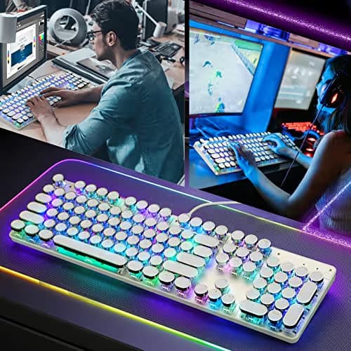 YSCP Typewriter Style Mechanical Gaming Keyboard RGB Backlit Wired with Blue Switch Retro Round Keycap 104 Keys Keyboard (R-White) image