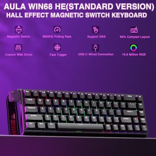 AULA WIN68 HE Mechanical Gaming Keyboard 60%, Hall Effect Magnetic Switch, Fast Trigger Mode Adjustable Actuation, 8000Hz Polling Rate, RGB Backlit, Wired Black Keyboard for Laptop/PC Gamer image