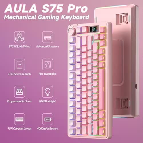 AULA S75 PRO Wireless Mechanical Keyboard with Screen&Knob, Tri-Mode Hot Swappable Gaming Keyboard 75%, Pre-lubed Switches, RGB Backlit, Side Printed PBT Keycaps, Creamy Sounding Pink Keyboards image
