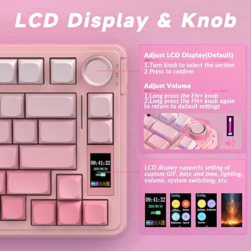 AULA S75 PRO Wireless Mechanical Keyboard with Screen&Knob, Tri-Mode Hot Swappable Gaming Keyboard 75%, Pre-lubed Switches, RGB Backlit, Side Printed PBT Keycaps, Creamy Sounding Pink Keyboards image