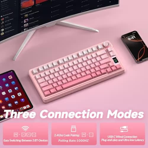 AULA S75 PRO Wireless Mechanical Keyboard with Screen&Knob, Tri-Mode Hot Swappable Gaming Keyboard 75%, Pre-lubed Switches, RGB Backlit, Side Printed PBT Keycaps, Creamy Sounding Pink Keyboards image