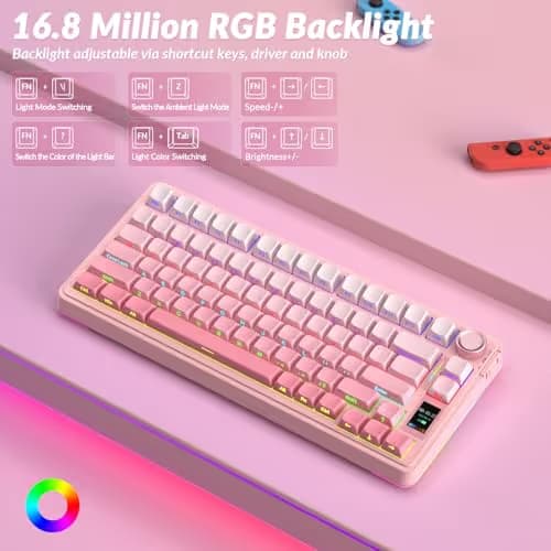 AULA S75 PRO Wireless Mechanical Keyboard with Screen&Knob, Tri-Mode Hot Swappable Gaming Keyboard 75%, Pre-lubed Switches, RGB Backlit, Side Printed PBT Keycaps, Creamy Sounding Pink Keyboards image