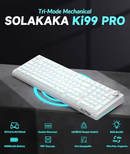 SOLAKAKA KI99 Pro 96% Wireless Mechanical Keyboard, RGB Gaming Keyboard, Hot-Swappable Pre-Lubed Switches, Gasket Structure Creamy Keyboards (Contour-Style White, Non-Silent Version) image