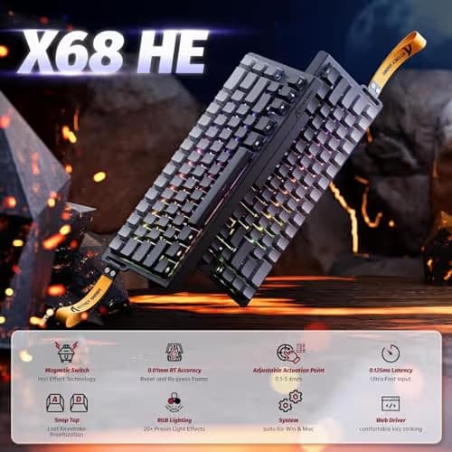 ATTACK SHARK X68 HE Wired Rapid Trigger Mechanical Gaming Keyboard and R1 Mouse with Adjustable Actuation,Coiled Cable,USB C/2.4Ghz Wireless/BT Ultralight 18K DPI Mice for Esport PC Gamer(Moonlight) image