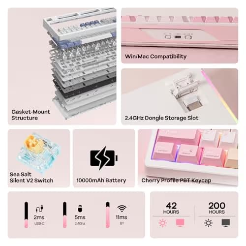 EPOMAKER TH108 PRO Full Size Mechanical Keyboard with Screen & Knob, Wireless Gaming Keyboard with 10000mAh, Creamy Gasket, Hot Swap, Custom Driver, RGB Backlight, NKRO (Pink, Sea Salt Silent) image