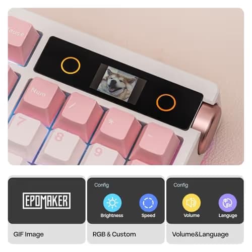 EPOMAKER TH108 PRO Full Size Mechanical Keyboard with Screen & Knob, Wireless Gaming Keyboard with 10000mAh, Creamy Gasket, Hot Swap, Custom Driver, RGB Backlight, NKRO (Pink, Sea Salt Silent) image