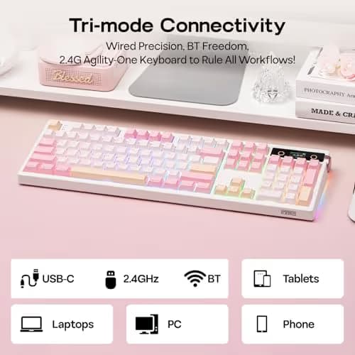 EPOMAKER TH108 PRO Full Size Mechanical Keyboard with Screen & Knob, Wireless Gaming Keyboard with 10000mAh, Creamy Gasket, Hot Swap, Custom Driver, RGB Backlight, NKRO (Pink, Sea Salt Silent) image