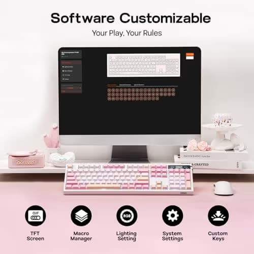 EPOMAKER TH108 PRO Full Size Mechanical Keyboard with Screen & Knob, Wireless Gaming Keyboard with 10000mAh, Creamy Gasket, Hot Swap, Custom Driver, RGB Backlight, NKRO (Pink, Sea Salt Silent) image