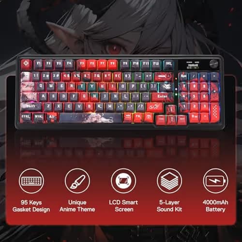 Redragon K719 PRO Wireless Gasket Gaming Keyboard w/Hype Screen & Knob, 95 Keys Mechanical Keyboard, Easy-Control 1.14’’ TFT Info Display, 5-Layer Noise Dampening, Custom Linear Switch, Anime Edition image