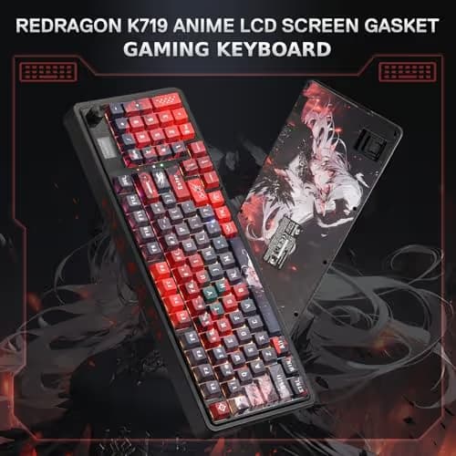 Redragon K719 PRO Wireless Gasket Gaming Keyboard w/Hype Screen & Knob, 95 Keys Mechanical Keyboard, Easy-Control 1.14’’ TFT Info Display, 5-Layer Noise Dampening, Custom Linear Switch, Anime Edition image