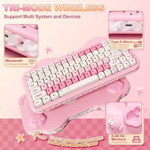 YUNZII C75 Wireless Mechanical Keyboard,75% Layout, Hot-Swappable NKRO,BT5.0/2.4G/USB-C Mode,Dye-Sub PBT MOA Keycaps,RGB Gasket Mount,Cute Cake Design for Mac/Win/Gaming (Pink, Milk V2 Switch) image