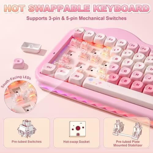YUNZII C75 Wireless Mechanical Keyboard,75% Layout, Hot-Swappable NKRO,BT5.0/2.4G/USB-C Mode,Dye-Sub PBT MOA Keycaps,RGB Gasket Mount,Cute Cake Design for Mac/Win/Gaming (Pink, Milk V2 Switch) image