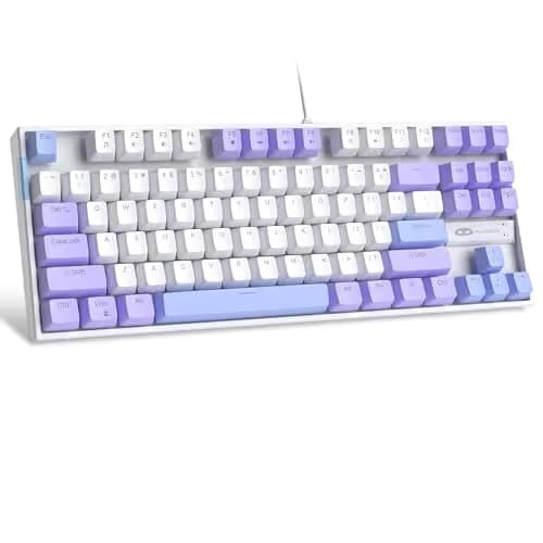 MageGee 75% Mechanical Gaming Keyboard, Red Switch, LED Blue Backlit, 87 Keys Compact TKL Wired Computer Keyboard for Windows Laptop PC Gamer - White/Purple image