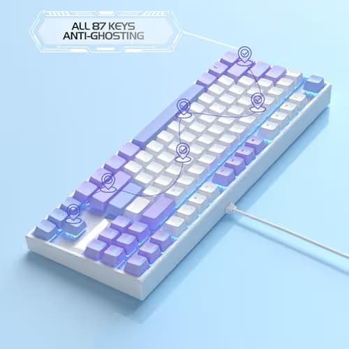 MageGee 75% Mechanical Gaming Keyboard, Red Switch, LED Blue Backlit, 87 Keys Compact TKL Wired Computer Keyboard for Windows Laptop PC Gamer - White/Purple image