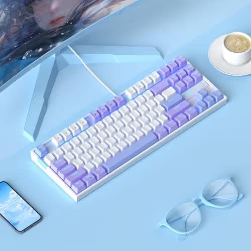 MageGee 75% Mechanical Gaming Keyboard, Red Switch, LED Blue Backlit, 87 Keys Compact TKL Wired Computer Keyboard for Windows Laptop PC Gamer - White/Purple image