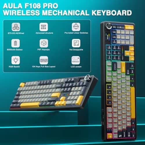 AULA F108 PRO - Wireless Mechanical Keyboard with Screen&Knob,Hot Swappable Gaming Keyboard with 8000mAh Battery,Pre-lubed Switches,RGB Backlit,PBT Keycaps Creamy Sounding Computer Keyboards,104 Keys image
