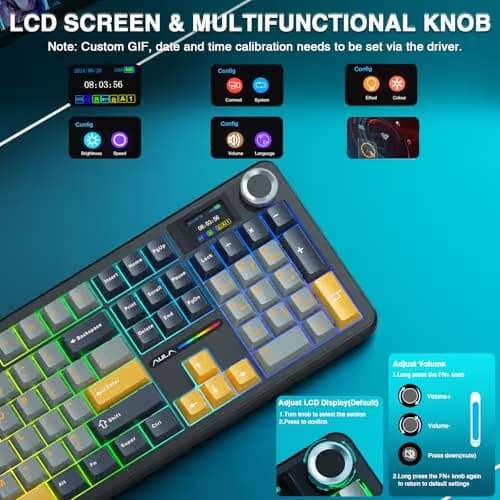 AULA F108 PRO - Wireless Mechanical Keyboard with Screen&Knob,Hot Swappable Gaming Keyboard with 8000mAh Battery,Pre-lubed Switches,RGB Backlit,PBT Keycaps Creamy Sounding Computer Keyboards,104 Keys image