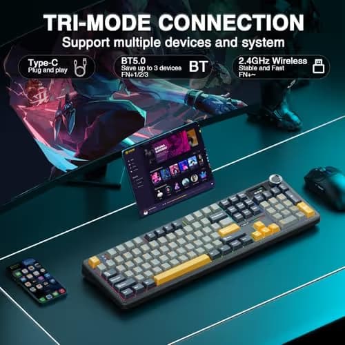 AULA F108 PRO - Wireless Mechanical Keyboard with Screen&Knob,Hot Swappable Gaming Keyboard with 8000mAh Battery,Pre-lubed Switches,RGB Backlit,PBT Keycaps Creamy Sounding Computer Keyboards,104 Keys image