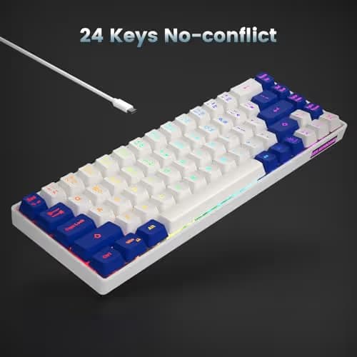 GEODMAER 65% Gaming Keyboard, LED Backlit Mini Wired Keyboard, Ultra-Compact Anti-Ghosting No-Conflict 68 Keys Membrane Gaming Wired Keyboard for PC Laptop Windows Gamer(White-Blue) image