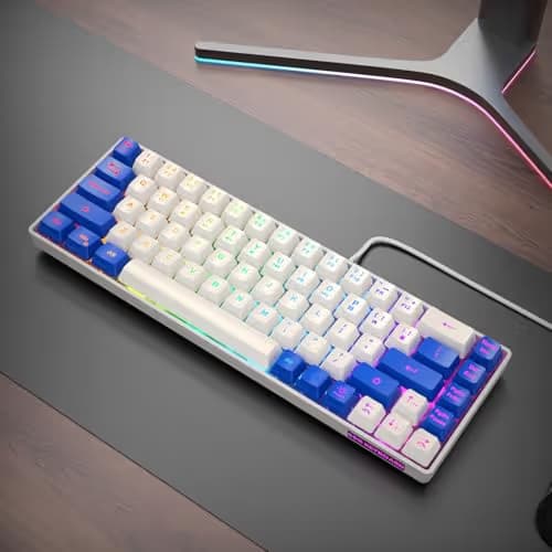 GEODMAER 65% Gaming Keyboard, LED Backlit Mini Wired Keyboard, Ultra-Compact Anti-Ghosting No-Conflict 68 Keys Membrane Gaming Wired Keyboard for PC Laptop Windows Gamer(White-Blue) image