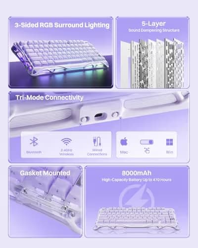 GravaStar Mercury K1 Purple 75% Wireless Mechanical Keyboard – Tri-Mode BT5.0/2.4GHz/USB-C Gaming Keyboard, Jelly Keycaps, Linear Switches, RGB Backlit Creamy Keyboard for PC/Mac, Cute & Stylish image