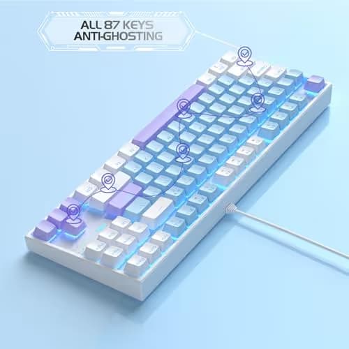 MageGee 75% Mechanical Gaming Keyboard, Blue Switch, LED Blue Backlit, 87 Keys Compact TKL Wired Keyboards for Windows Laptop PC Gamer - Blue/White image