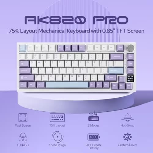 EPOMAKER Ajazz AK820 Pro 75% Wireless Mechanical Keyboard with TFT Smart Display&Knob, Gasket-Mounted Gaming Keyboard, BT/2.4GHz/USB-C Wired (Purple, Flying Fish Switch) image