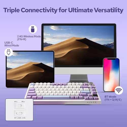 EPOMAKER Ajazz AK820 Pro 75% Wireless Mechanical Keyboard with TFT Smart Display&Knob, Gasket-Mounted Gaming Keyboard, BT/2.4GHz/USB-C Wired (Purple, Flying Fish Switch) image