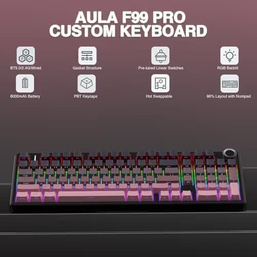 AULA F99 Pro Wireless Mechanical Keyboard with Knob,Tri-Mode BT5.0/USB-C/2.4GHz Hot Swappable Keyboard,Gasket Structure,Creamy Sound,RGB Backlit Computer Gaming Keyboards image