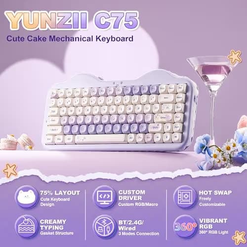 YUNZII C75 Wireless Mechanical Keyboard,75% Layout, Hot-Swappable NKRO,BT5.0/2.4G/USB-C Mode,Dye-Sub PBT MOA Keycaps,RGB Gasket Mount,Cute Cake Design for Mac/Win/Gaming (Purple, Milk V2 Switch) image