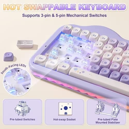 YUNZII C75 Wireless Mechanical Keyboard,75% Layout, Hot-Swappable NKRO,BT5.0/2.4G/USB-C Mode,Dye-Sub PBT MOA Keycaps,RGB Gasket Mount,Cute Cake Design for Mac/Win/Gaming (Purple, Milk V2 Switch) image