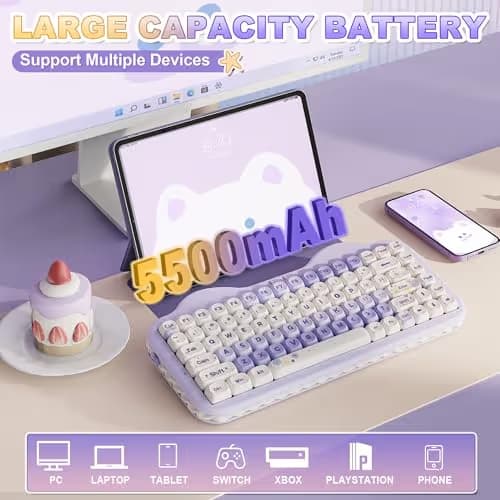 YUNZII C75 Wireless Mechanical Keyboard,75% Layout, Hot-Swappable NKRO,BT5.0/2.4G/USB-C Mode,Dye-Sub PBT MOA Keycaps,RGB Gasket Mount,Cute Cake Design for Mac/Win/Gaming (Purple, Milk V2 Switch) image