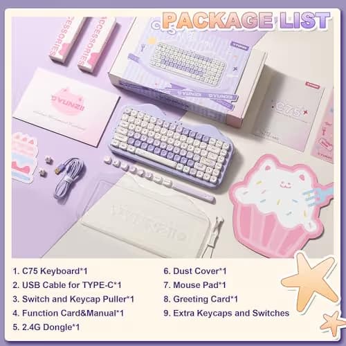 YUNZII C75 Wireless Mechanical Keyboard,75% Layout, Hot-Swappable NKRO,BT5.0/2.4G/USB-C Mode,Dye-Sub PBT MOA Keycaps,RGB Gasket Mount,Cute Cake Design for Mac/Win/Gaming (Purple, Milk V2 Switch) image