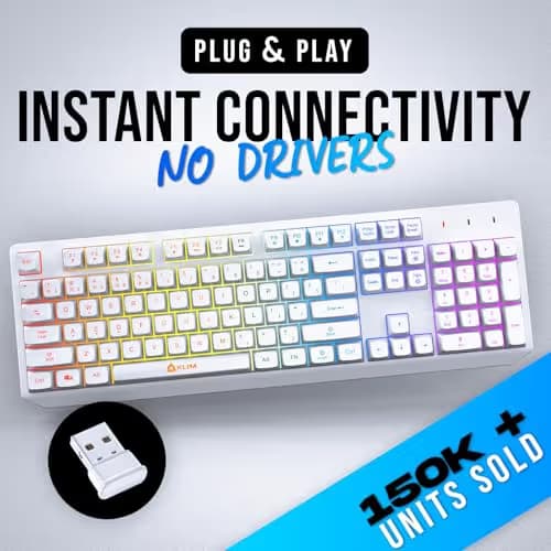 KLIM Chroma White Wireless Keyboard – RGB Backlit, Rechargeable Battery, Wireless Keyboard with Water-Resistant Durable Design, Compatible with PC, Mac, PS4, PS5 image