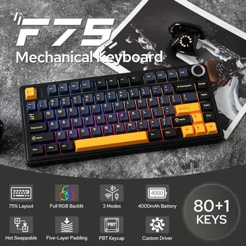 EPOMAKER x Aula F75 Gasket Mechanical Keyboard, 75% Wireless Hot Swappable Gaming Keyboard with Five-Layer Padding&Knob, BT/2.4GHz/USB-C, RGB (Black, LEOBOG Reaper Switch) image