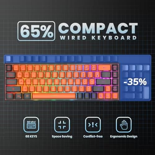 GEODMAER 65% Gaming Keyboard, LED Backlit Mini Wired Keyboard, Ultra-Compact Anti-Ghosting No-Conflict 68 Keys Membrane Gaming Wired Keyboard for PC Laptop Windows Gamer(Orange-Black) image