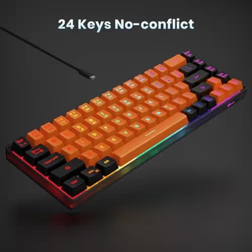 GEODMAER 65% Gaming Keyboard, LED Backlit Mini Wired Keyboard, Ultra-Compact Anti-Ghosting No-Conflict 68 Keys Membrane Gaming Wired Keyboard for PC Laptop Windows Gamer(Orange-Black) image