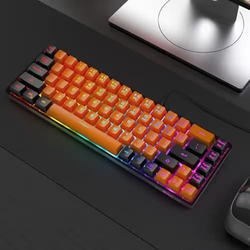 GEODMAER 65% Gaming Keyboard, LED Backlit Mini Wired Keyboard, Ultra-Compact Anti-Ghosting No-Conflict 68 Keys Membrane Gaming Wired Keyboard for PC Laptop Windows Gamer(Orange-Black) image