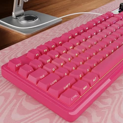 EWEADN V102 Wired Keyboard, 98 Keys Creamy Gaming Keyboard with Number Pad, Display Screen & Media Knob RGB Silent Wired Cute Computer Keyboard for Laptop PC Gamer - Dark Pink image
