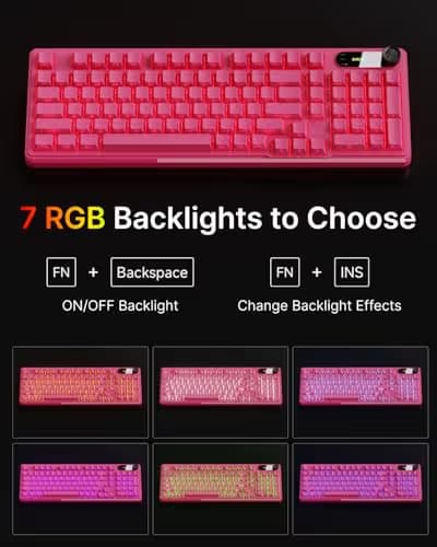EWEADN V102 Wired Keyboard, 98 Keys Creamy Gaming Keyboard with Number Pad, Display Screen & Media Knob RGB Silent Wired Cute Computer Keyboard for Laptop PC Gamer - Dark Pink image