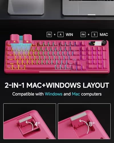 EWEADN V102 Wired Keyboard, 98 Keys Creamy Gaming Keyboard with Number Pad, Display Screen & Media Knob RGB Silent Wired Cute Computer Keyboard for Laptop PC Gamer - Dark Pink image