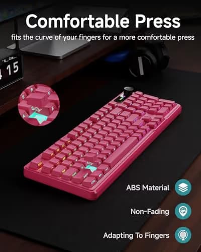 EWEADN V102 Wired Keyboard, 98 Keys Creamy Gaming Keyboard with Number Pad, Display Screen & Media Knob RGB Silent Wired Cute Computer Keyboard for Laptop PC Gamer - Dark Pink image