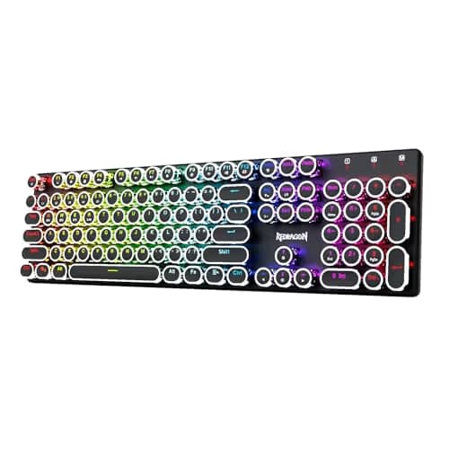 Redragon Wireless Typewriter Style Mechanical Gaming Keyboard, Bluetooth/2.4Ghz/Wired, RGB Backlit, Rechargeable, Blue Switch - Clicky, Metal Panel, Round Keycaps, Black image