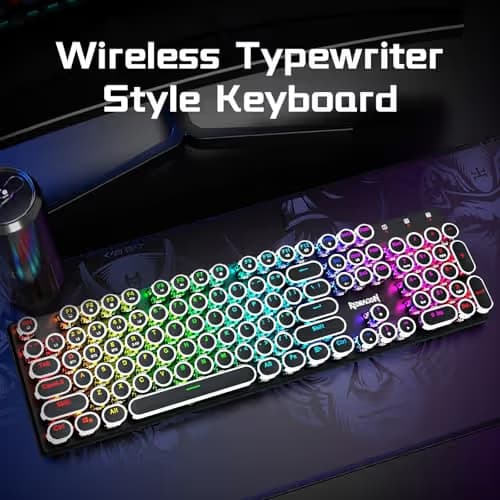 Redragon Wireless Typewriter Style Mechanical Gaming Keyboard, Bluetooth/2.4Ghz/Wired, RGB Backlit, Rechargeable, Blue Switch - Clicky, Metal Panel, Round Keycaps, Black image
